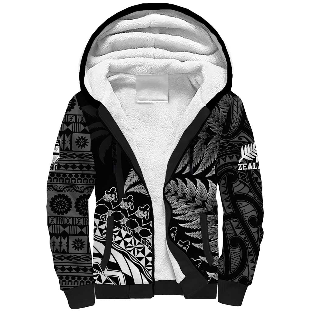 Custom Fiji New Zealand Rugby Sherpa Hoodie Cibi Dance with Black Fern - Vibe Hoodie Shop