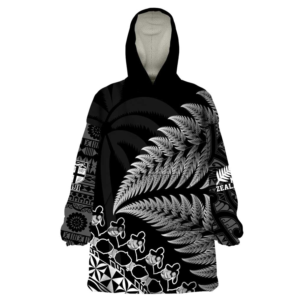 Custom Fiji New Zealand Rugby Wearable Blanket Hoodie Cibi Dance with Black Fern - Vibe Hoodie Shop