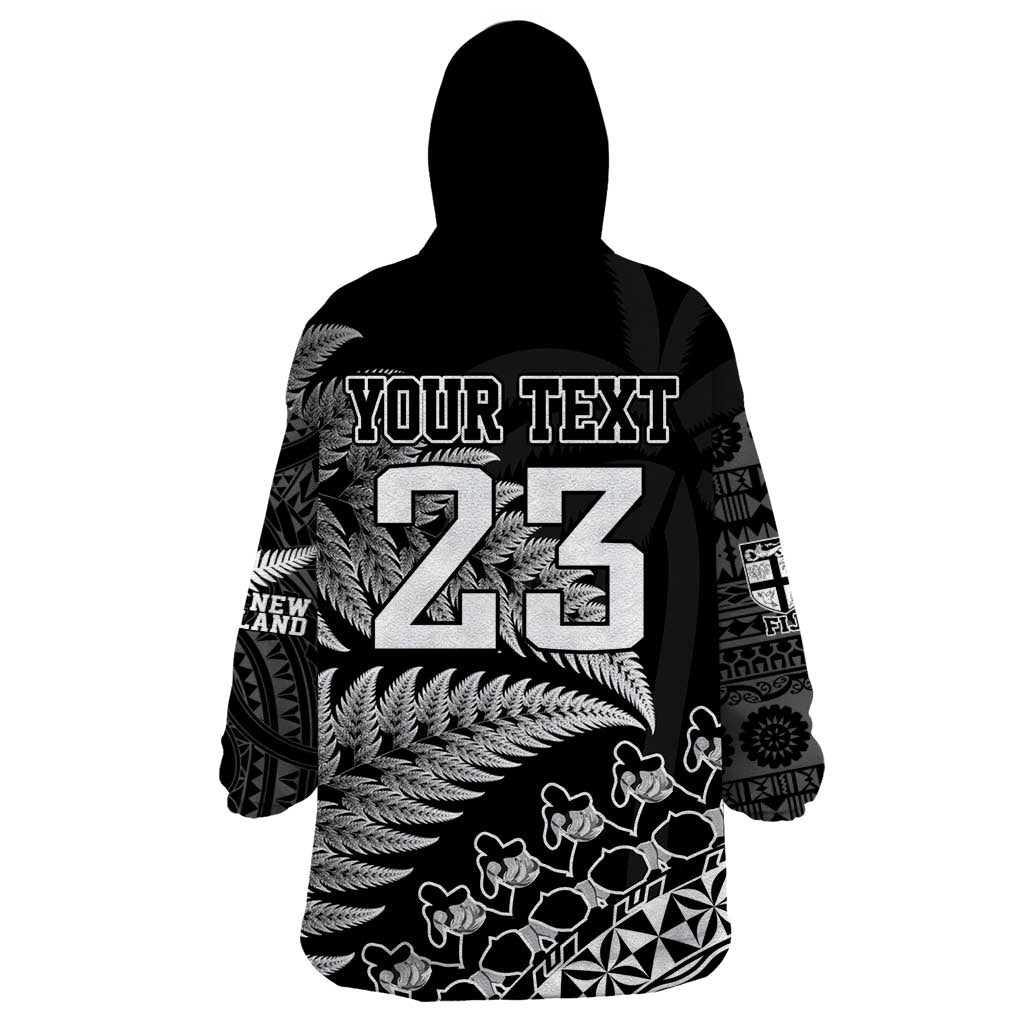 Custom Fiji New Zealand Rugby Wearable Blanket Hoodie Cibi Dance with Black Fern - Vibe Hoodie Shop