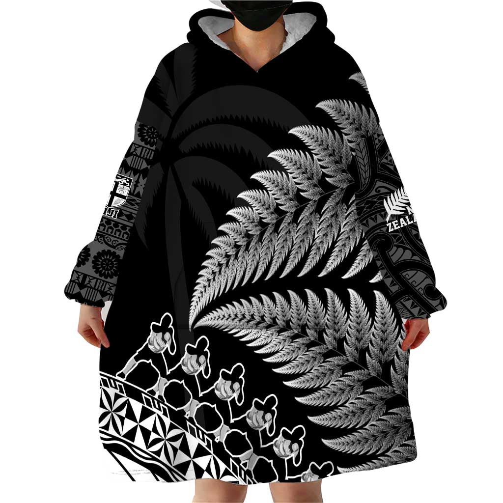 Custom Fiji New Zealand Rugby Wearable Blanket Hoodie Cibi Dance with Black Fern - Vibe Hoodie Shop