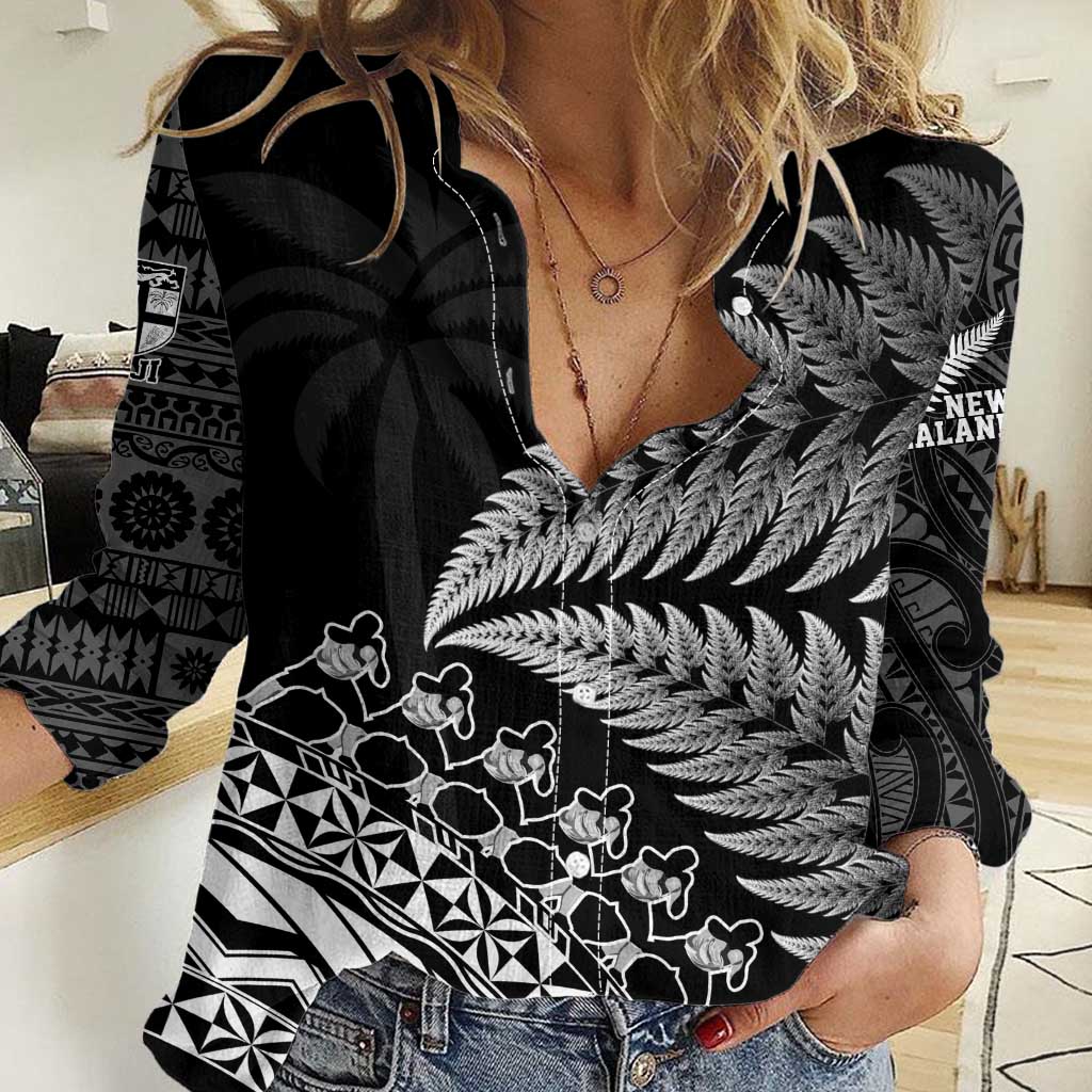 Custom Fiji New Zealand Rugby Women Casual Shirt Cibi Dance with Black Fern - Vibe Hoodie Shop