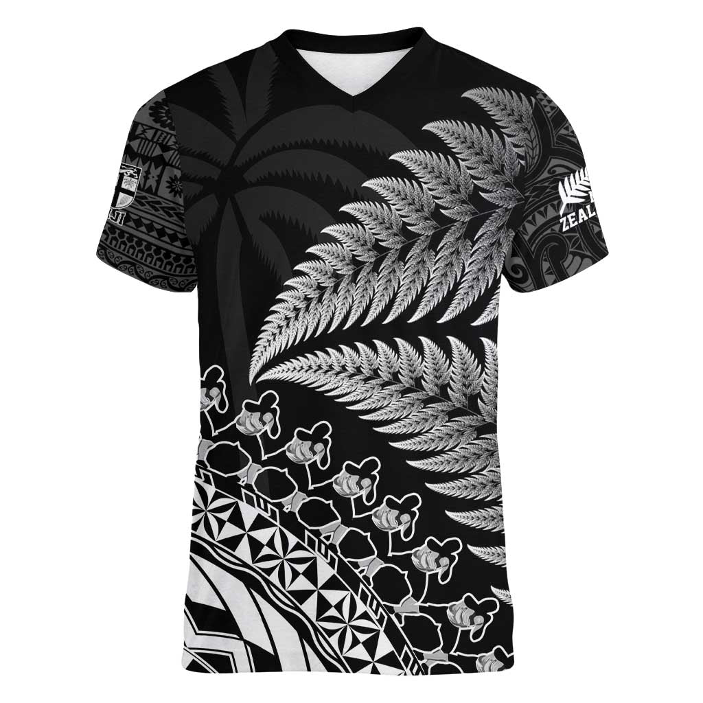 Custom Fiji New Zealand Rugby Women V-Neck T-Shirt Cibi Dance with Black Fern - Vibe Hoodie Shop