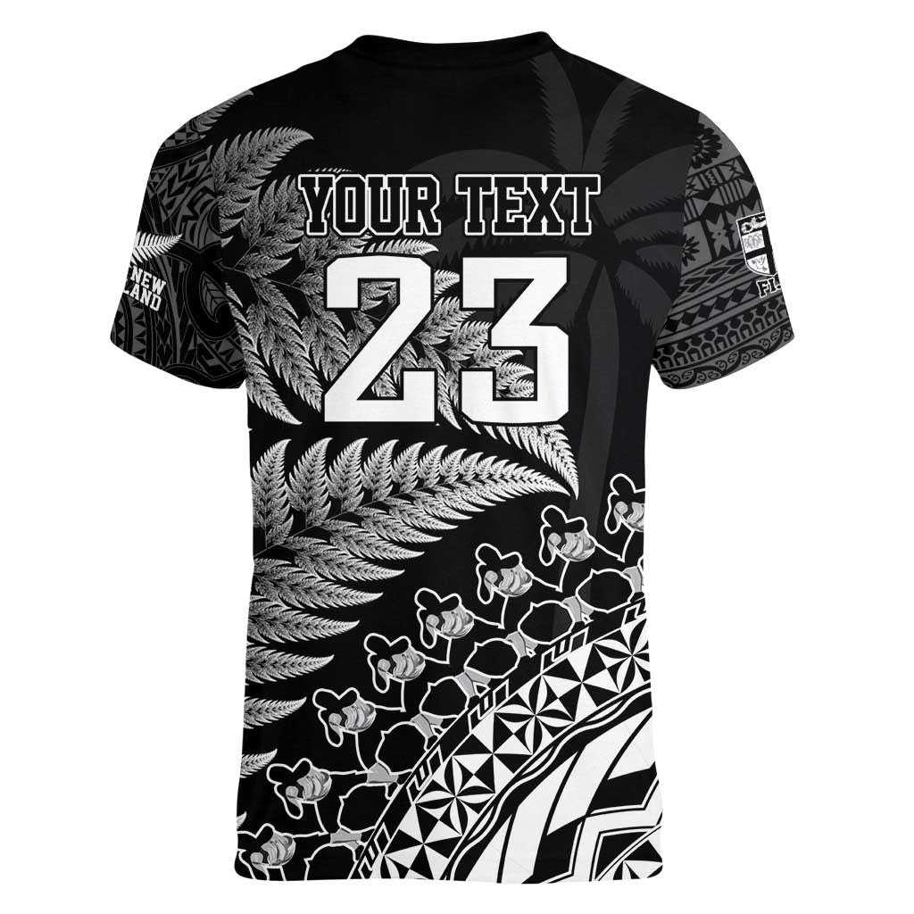 Custom Fiji New Zealand Rugby Women V-Neck T-Shirt Cibi Dance with Black Fern - Vibe Hoodie Shop