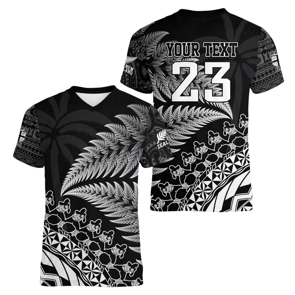 Custom Fiji New Zealand Rugby Women V-Neck T-Shirt Cibi Dance with Black Fern - Vibe Hoodie Shop