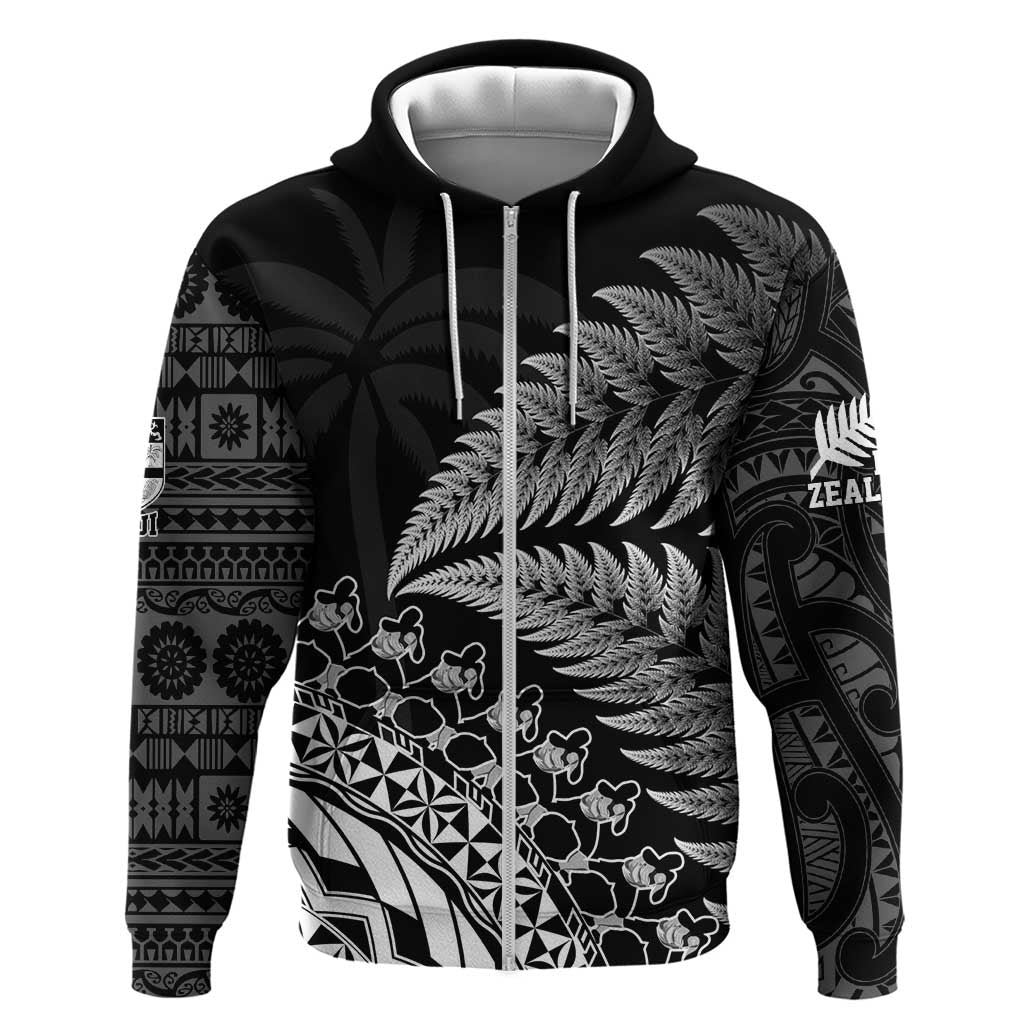 Custom Fiji New Zealand Rugby Zip Hoodie Cibi Dance with Black Fern - Vibe Hoodie Shop