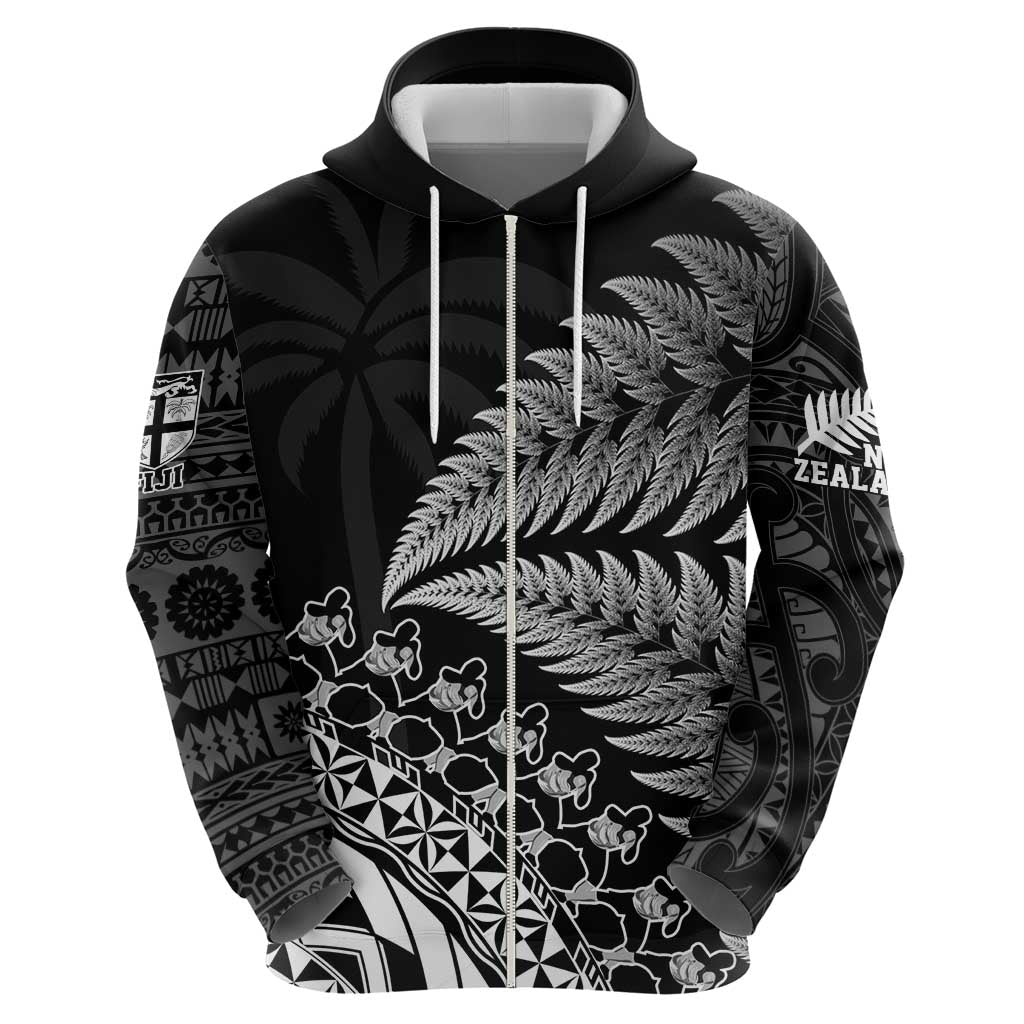 Custom Fiji New Zealand Rugby Zip Hoodie Cibi Dance with Black Fern - Vibe Hoodie Shop