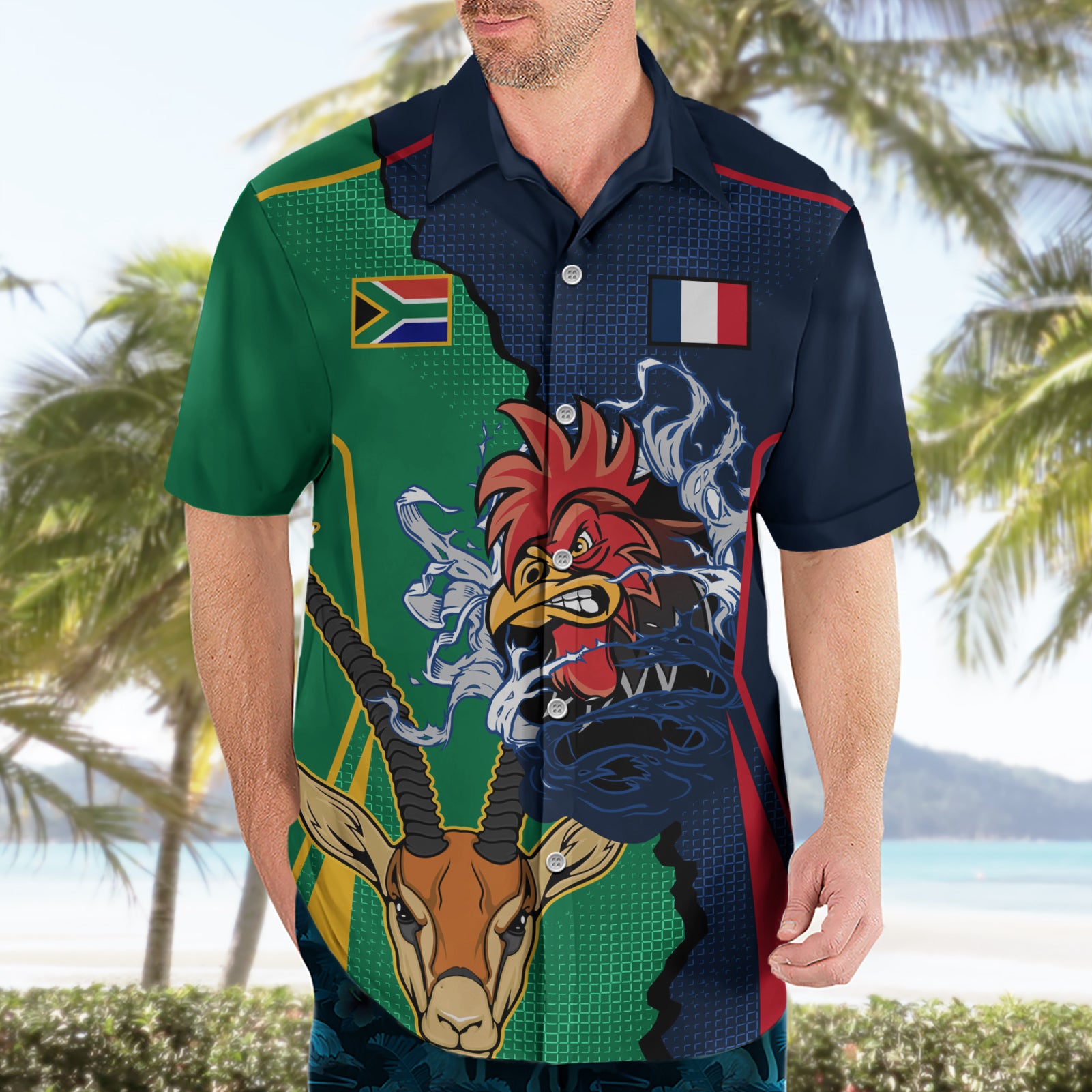France South Africa Rugby Hawaiian Shirt Springboks and Gallic Rooster World Cup 2023 - Vibe Hoodie Shop