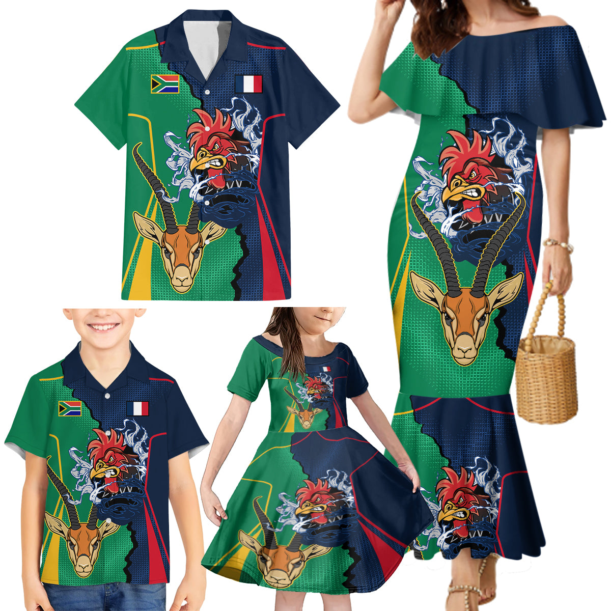 custom-new-zealnd-ireland-rugby-family-matching-mermaid-dress-and-hawaiian-shirt-warrior-black-fern-and-shamrocks-world-cup-2023