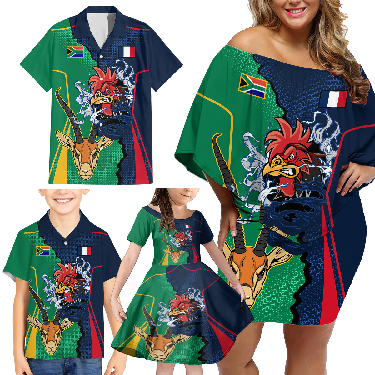 custom-new-zealnd-ireland-rugby-family-matching-off-shoulder-short-dress-and-hawaiian-shirt-warrior-black-fern-and-shamrocks-world-cup-2023