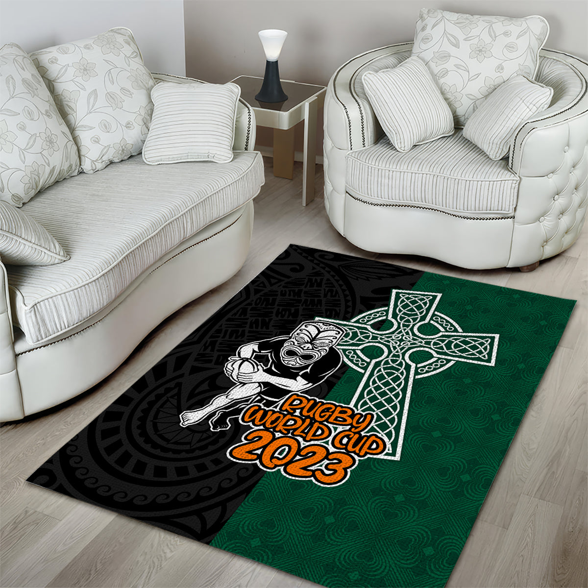 new-zealand-ireland-rugby-area-rug-warrior-black-fern-and-shamrocks-world-cup-2023
