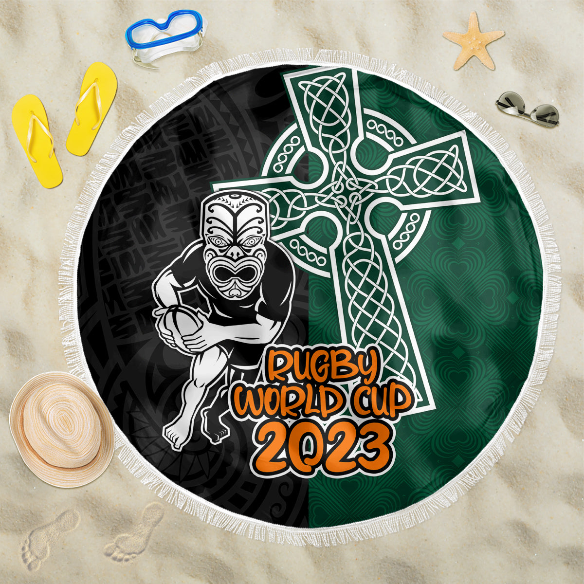 new-zealand-ireland-rugby-beach-blanket-warrior-black-fern-and-shamrocks-world-cup-2023
