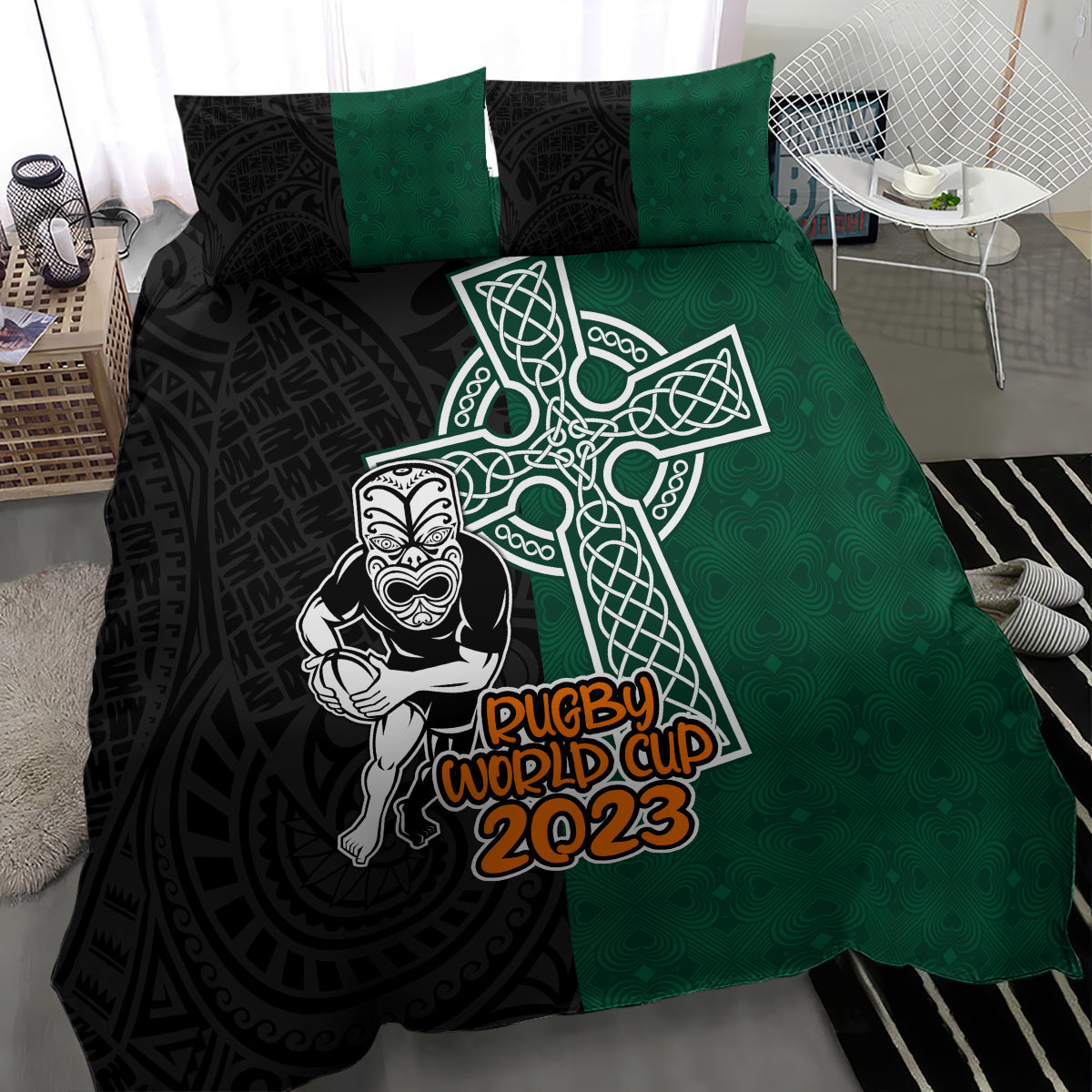 new-zealand-ireland-rugby-bedding-set-warrior-black-fern-and-shamrocks-world-cup-2023