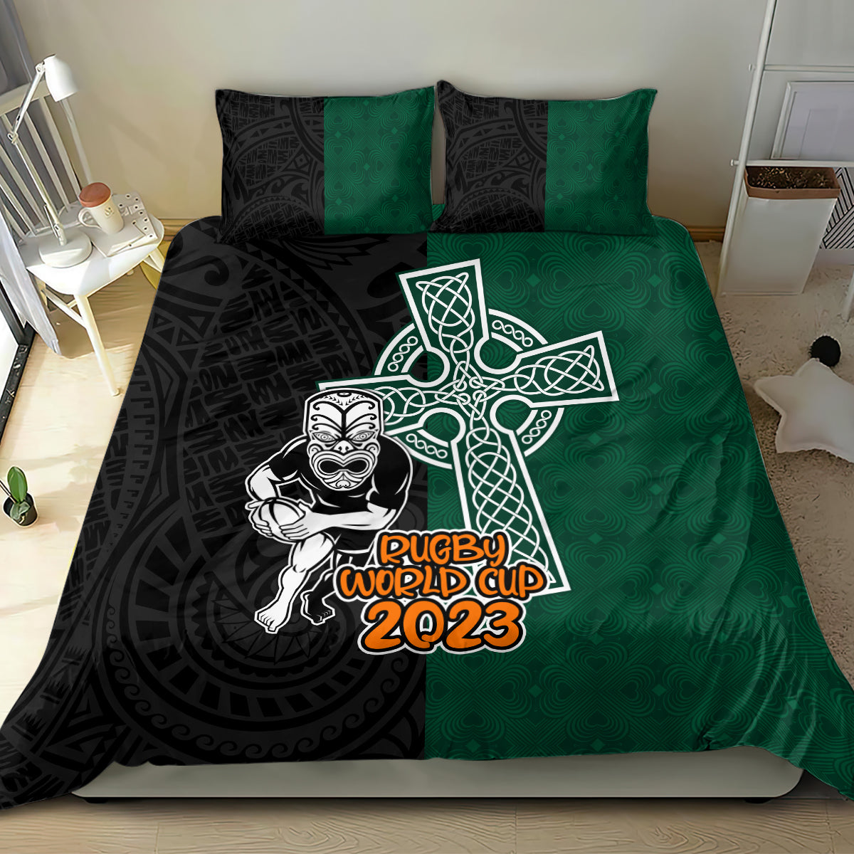 new-zealand-ireland-rugby-bedding-set-warrior-black-fern-and-shamrocks-world-cup-2023