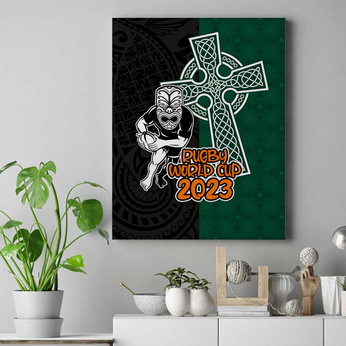new-zealand-ireland-rugby-canvas-wall-art-warrior-black-fern-and-shamrocks-world-cup-2023