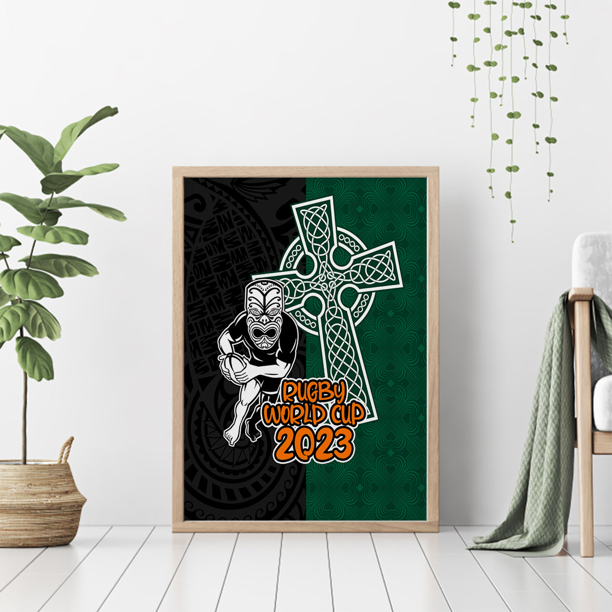 new-zealand-ireland-rugby-canvas-wall-art-warrior-black-fern-and-shamrocks-world-cup-2023