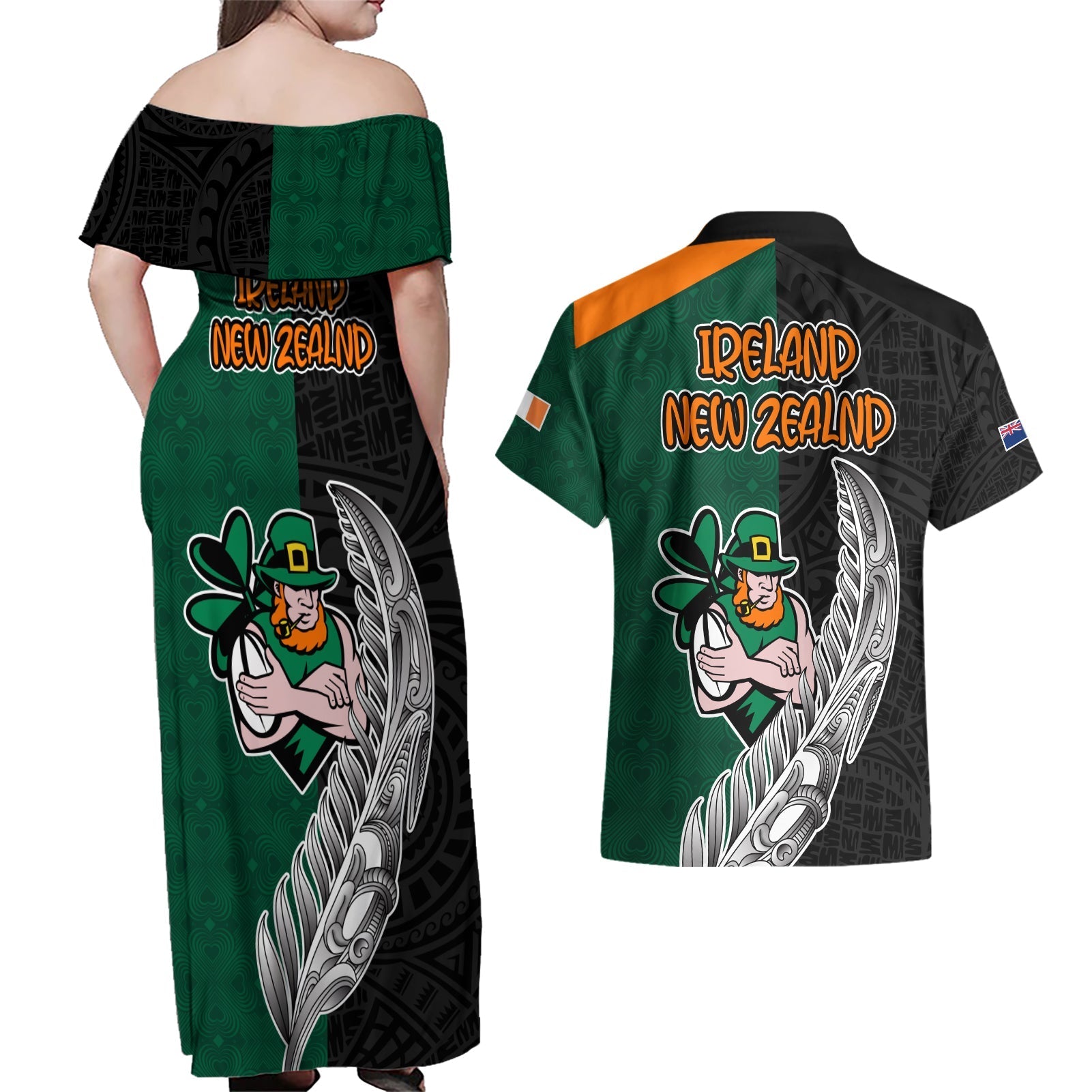 france-south-africa-rugby-couples-matching-off-shoulder-maxi-dress-and-hawaiian-shirt-springboks-and-roosters-world-cup-2023-sporty-style