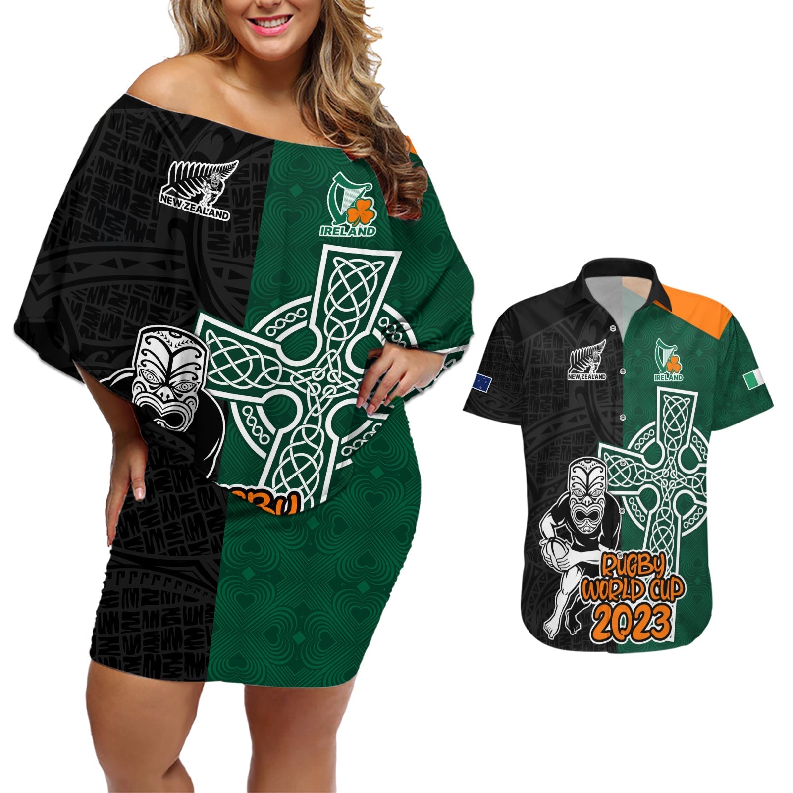 france-south-africa-rugby-couples-matching-off-shoulder-short-dress-and-hawaiian-shirt-springboks-and-roosters-world-cup-2023-sporty-style