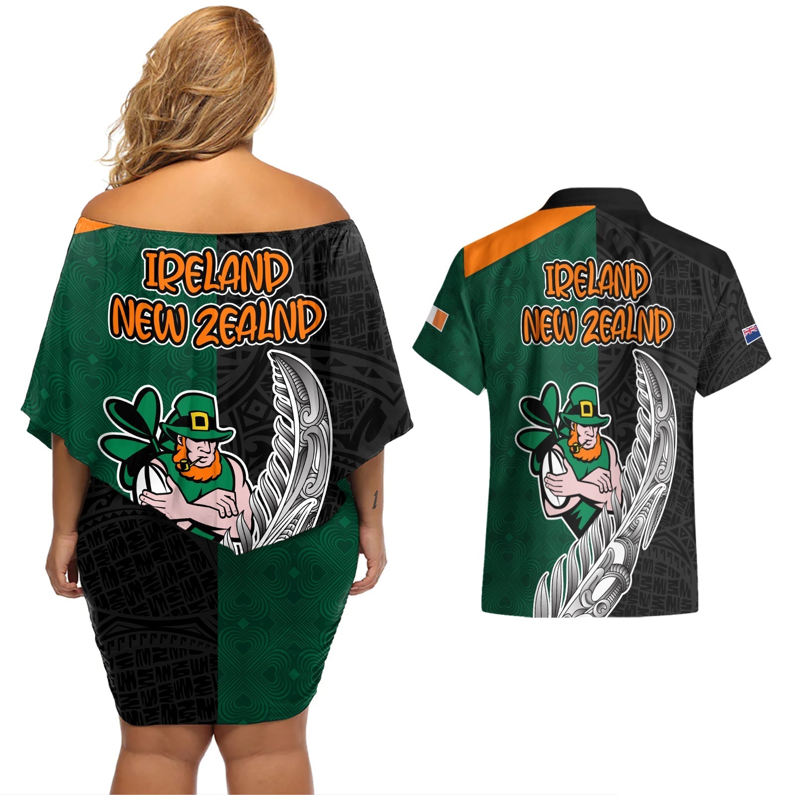 france-south-africa-rugby-couples-matching-off-shoulder-short-dress-and-hawaiian-shirt-springboks-and-roosters-world-cup-2023-sporty-style