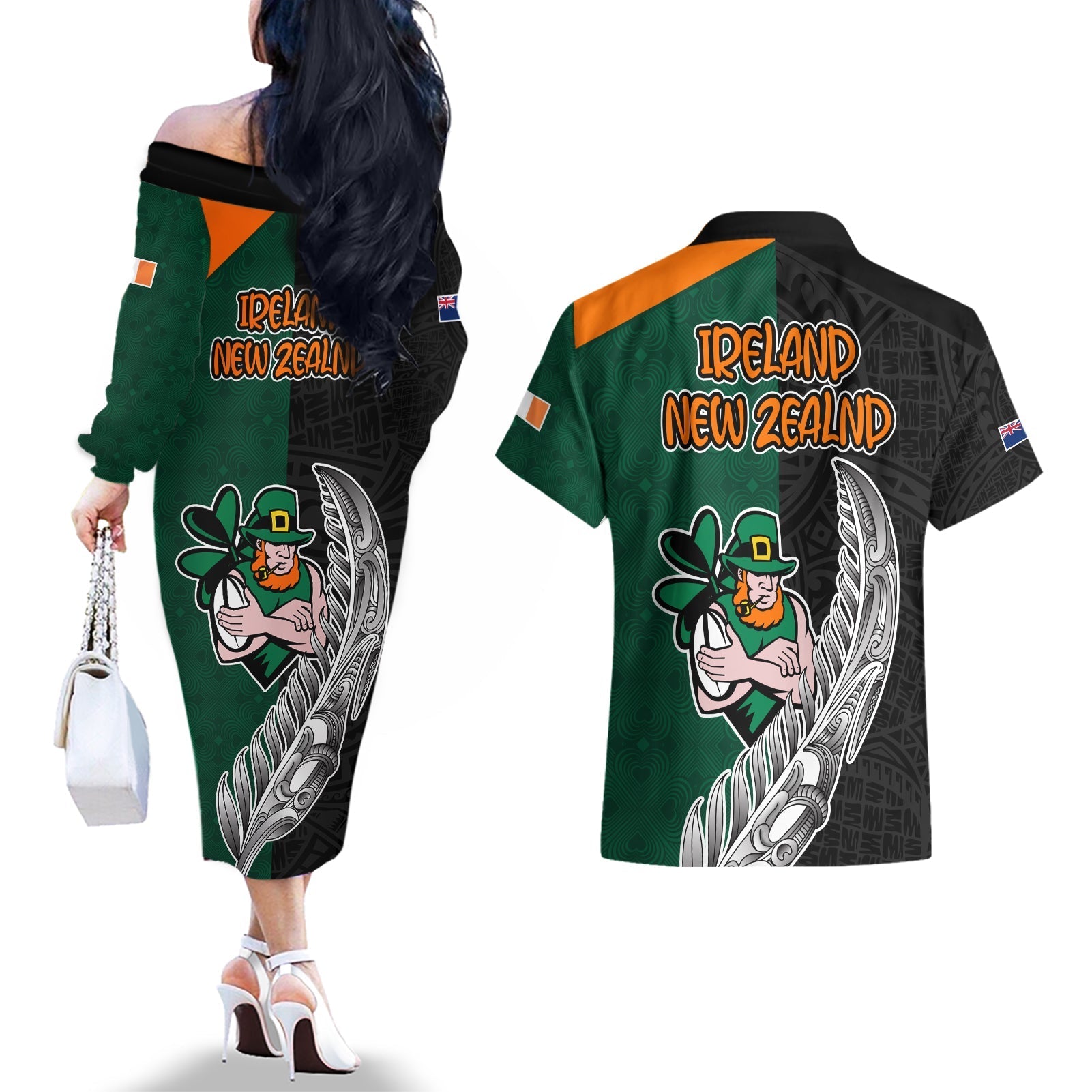 france-south-africa-rugby-couples-matching-off-the-shoulder-long-sleeve-dress-and-hawaiian-shirt-springboks-and-roosters-world-cup-2023-sporty-style