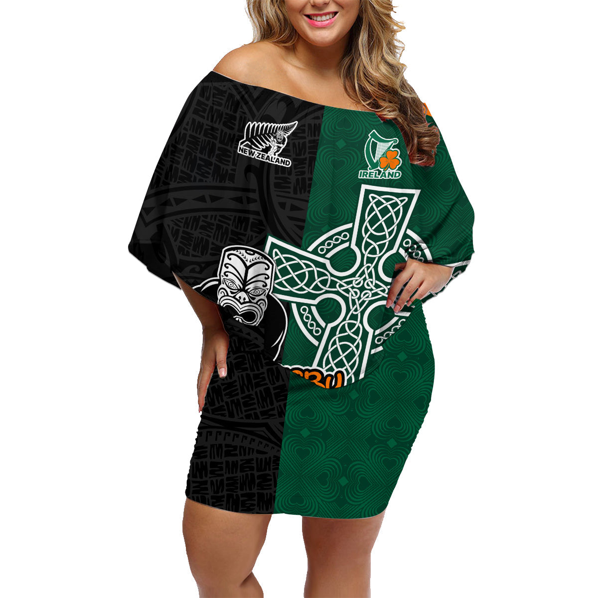 france-south-africa-rugby-family-matching-off-shoulder-short-dress-and-hawaiian-shirt-springboks-and-roosters-world-cup-2023-sporty-style