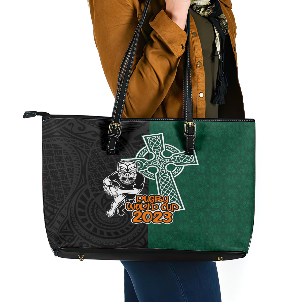 new-zealand-ireland-rugby-leather-tote-bag-warrior-black-fern-and-shamrocks-world-cup-2023
