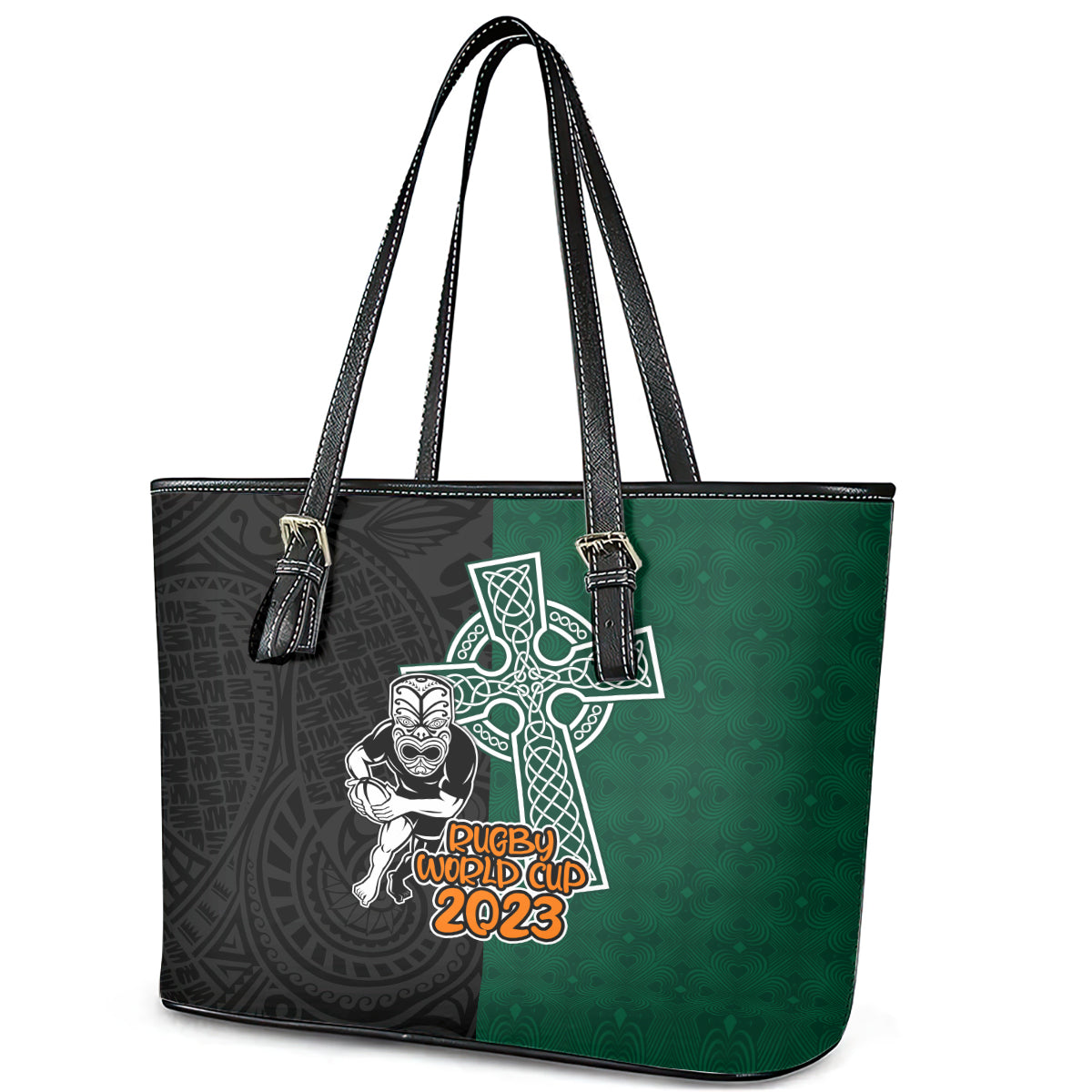 new-zealand-ireland-rugby-leather-tote-bag-warrior-black-fern-and-shamrocks-world-cup-2023
