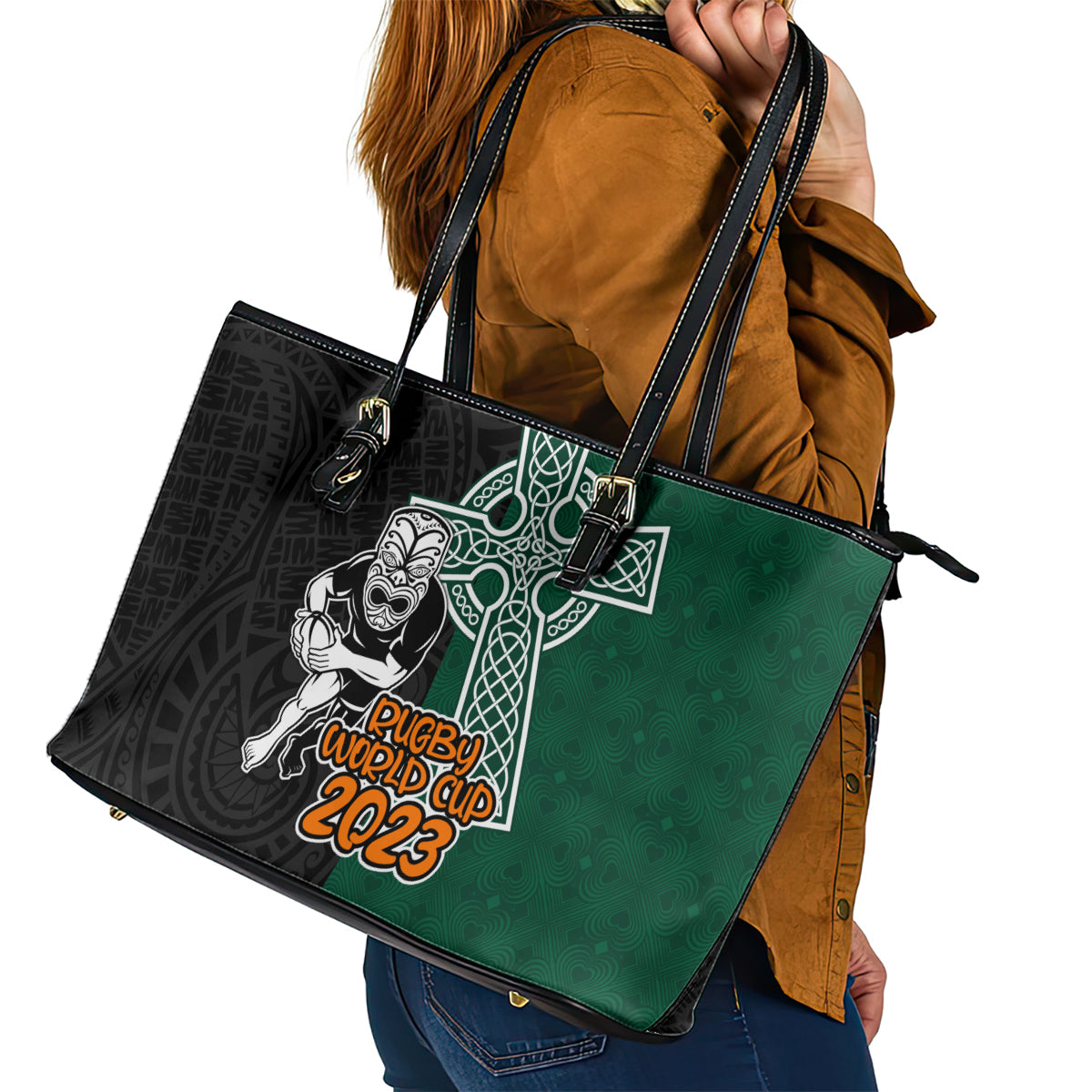 new-zealand-ireland-rugby-leather-tote-bag-warrior-black-fern-and-shamrocks-world-cup-2023