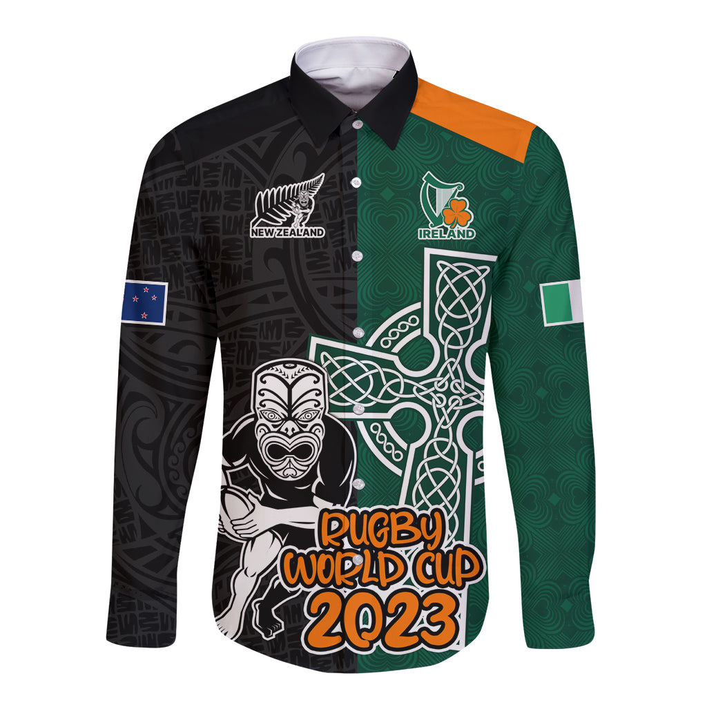 New Zealand Ireland Rugby Long Sleeve Button Shirt Warrior Black Fern and Shamrocks World Cup 2023 - Vibe Hoodie Shop