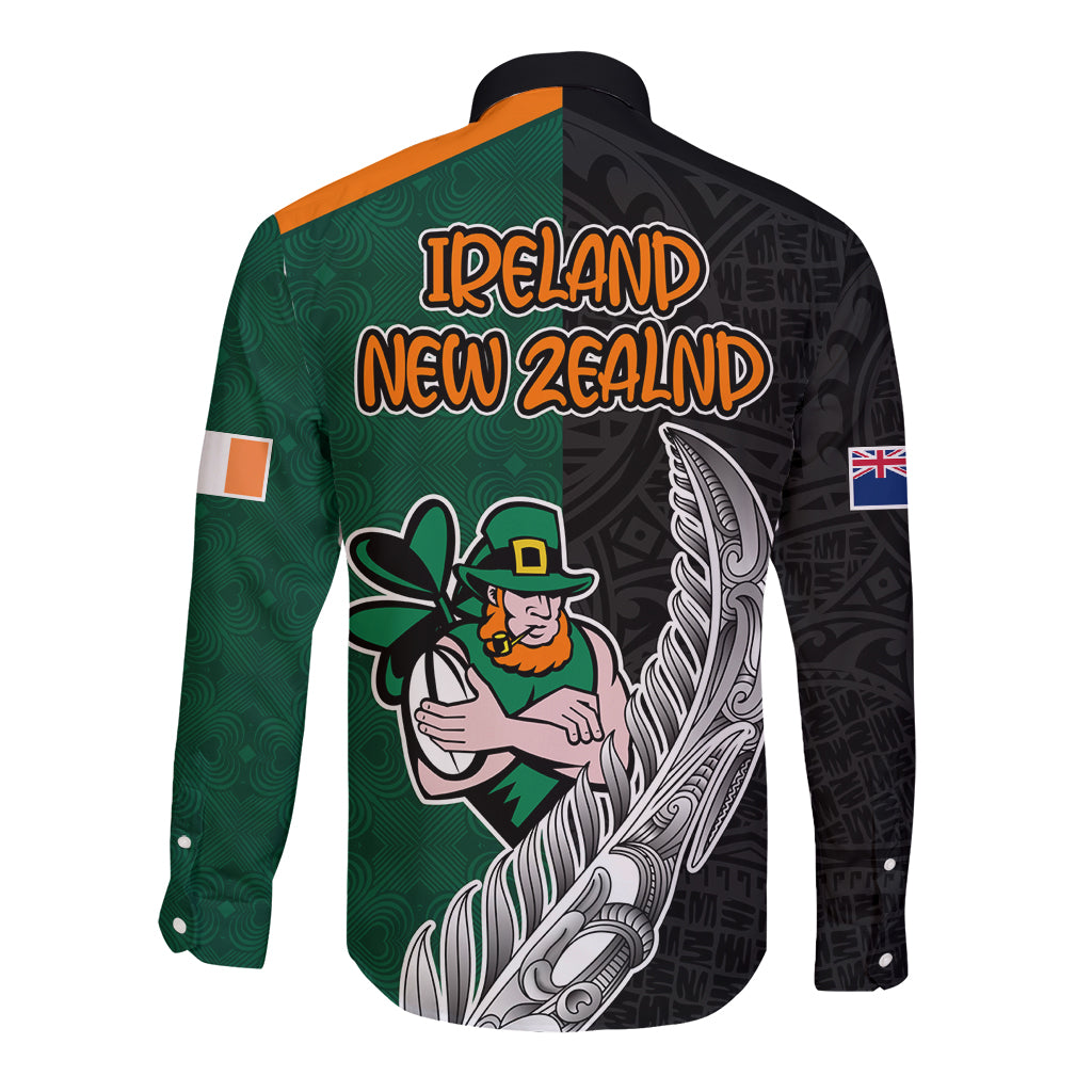 New Zealand Ireland Rugby Long Sleeve Button Shirt Warrior Black Fern and Shamrocks World Cup 2023 - Vibe Hoodie Shop