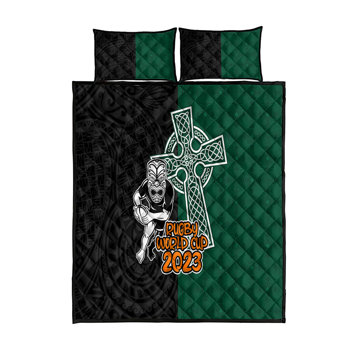 new-zealand-ireland-rugby-quilt-bed-set-warrior-black-fern-and-shamrocks-world-cup-2023