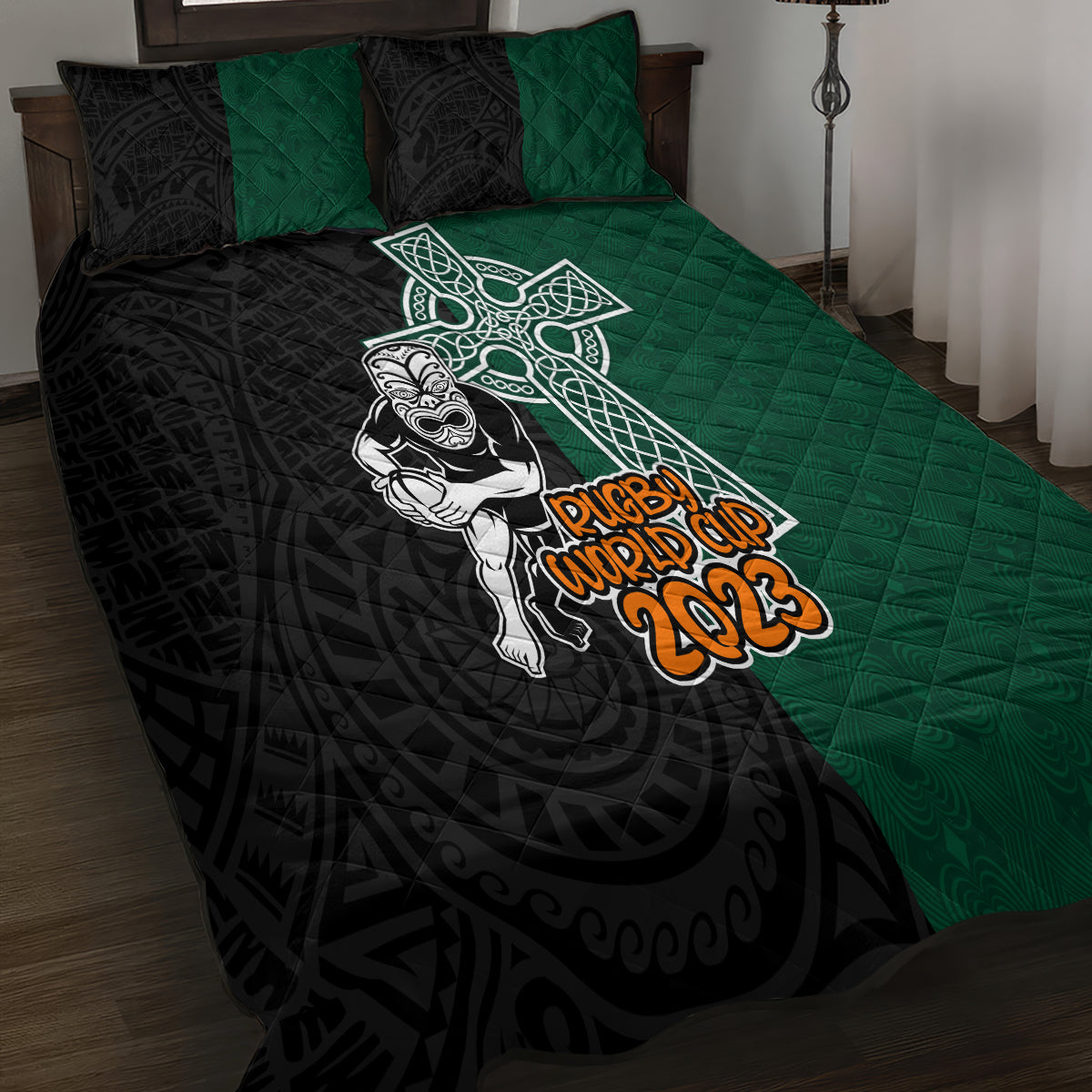 new-zealand-ireland-rugby-quilt-bed-set-warrior-black-fern-and-shamrocks-world-cup-2023