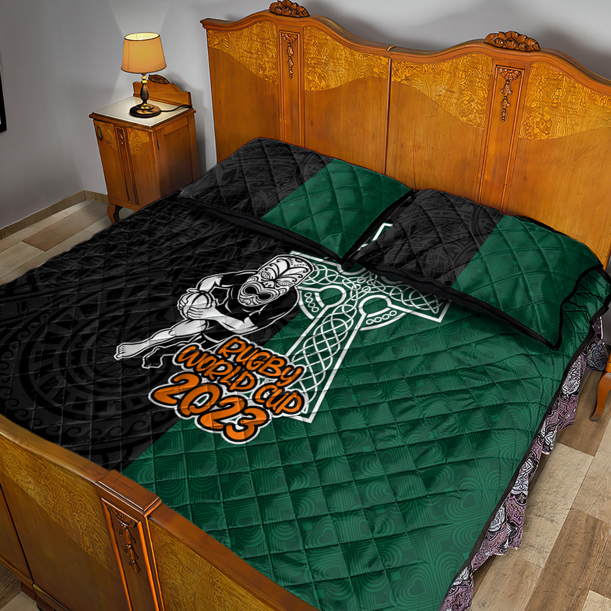 new-zealand-ireland-rugby-quilt-bed-set-warrior-black-fern-and-shamrocks-world-cup-2023