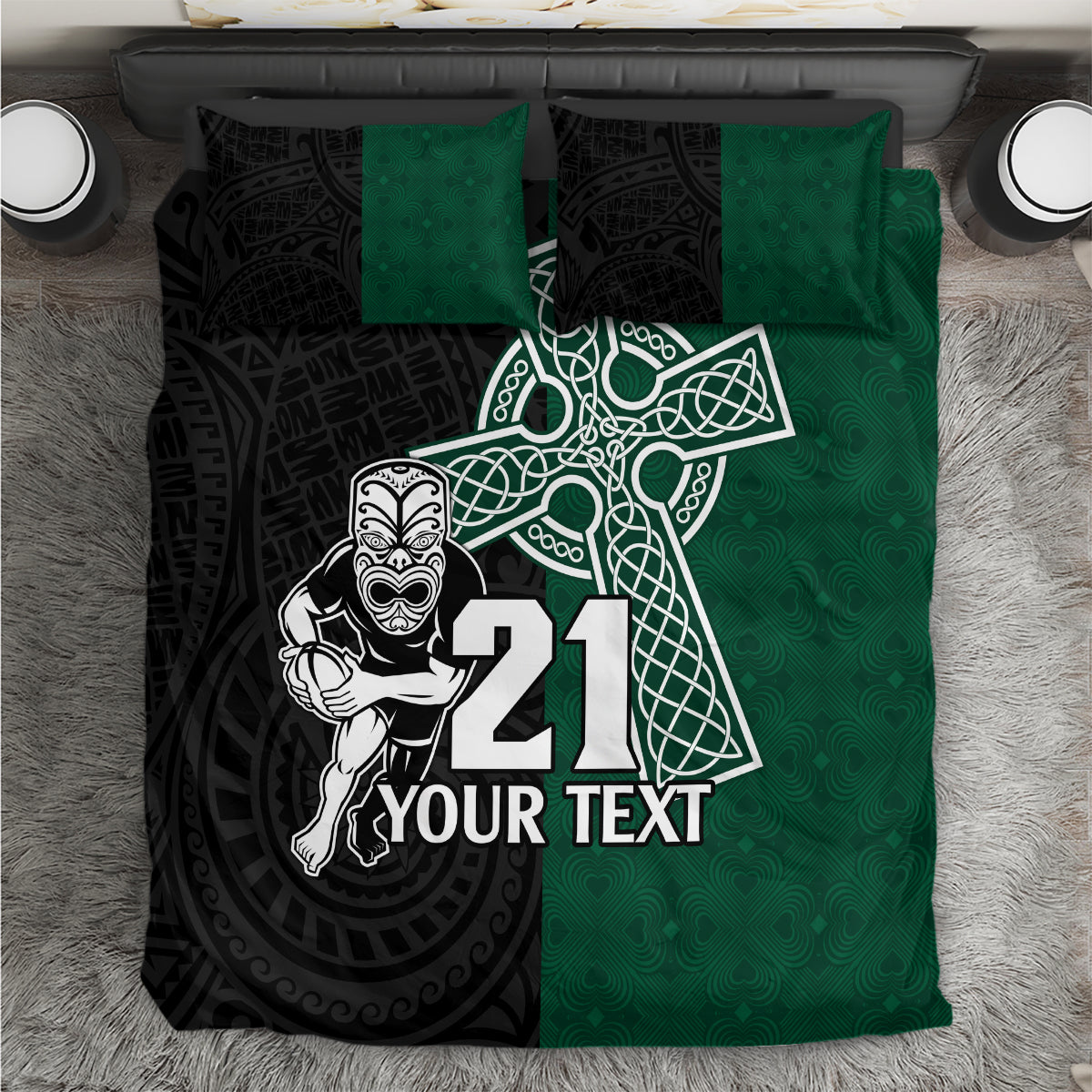 custom-new-zealand-ireland-rugby-bedding-set-warrior-black-fern-and-shamrocks-world-cup-2023