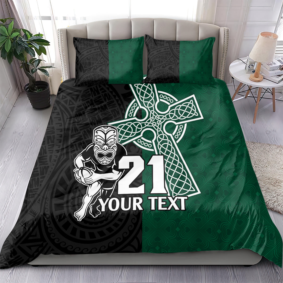 custom-new-zealand-ireland-rugby-bedding-set-warrior-black-fern-and-shamrocks-world-cup-2023