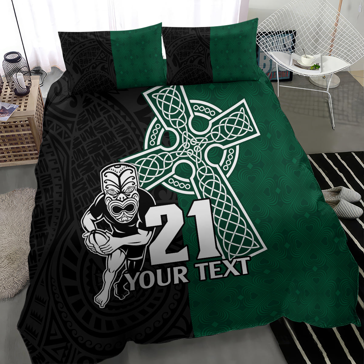 custom-new-zealand-ireland-rugby-bedding-set-warrior-black-fern-and-shamrocks-world-cup-2023