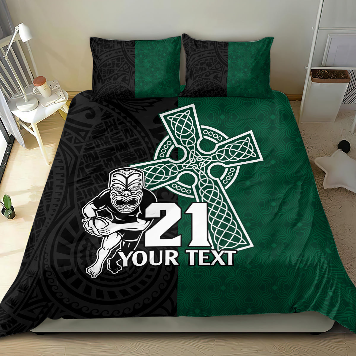custom-new-zealand-ireland-rugby-bedding-set-warrior-black-fern-and-shamrocks-world-cup-2023