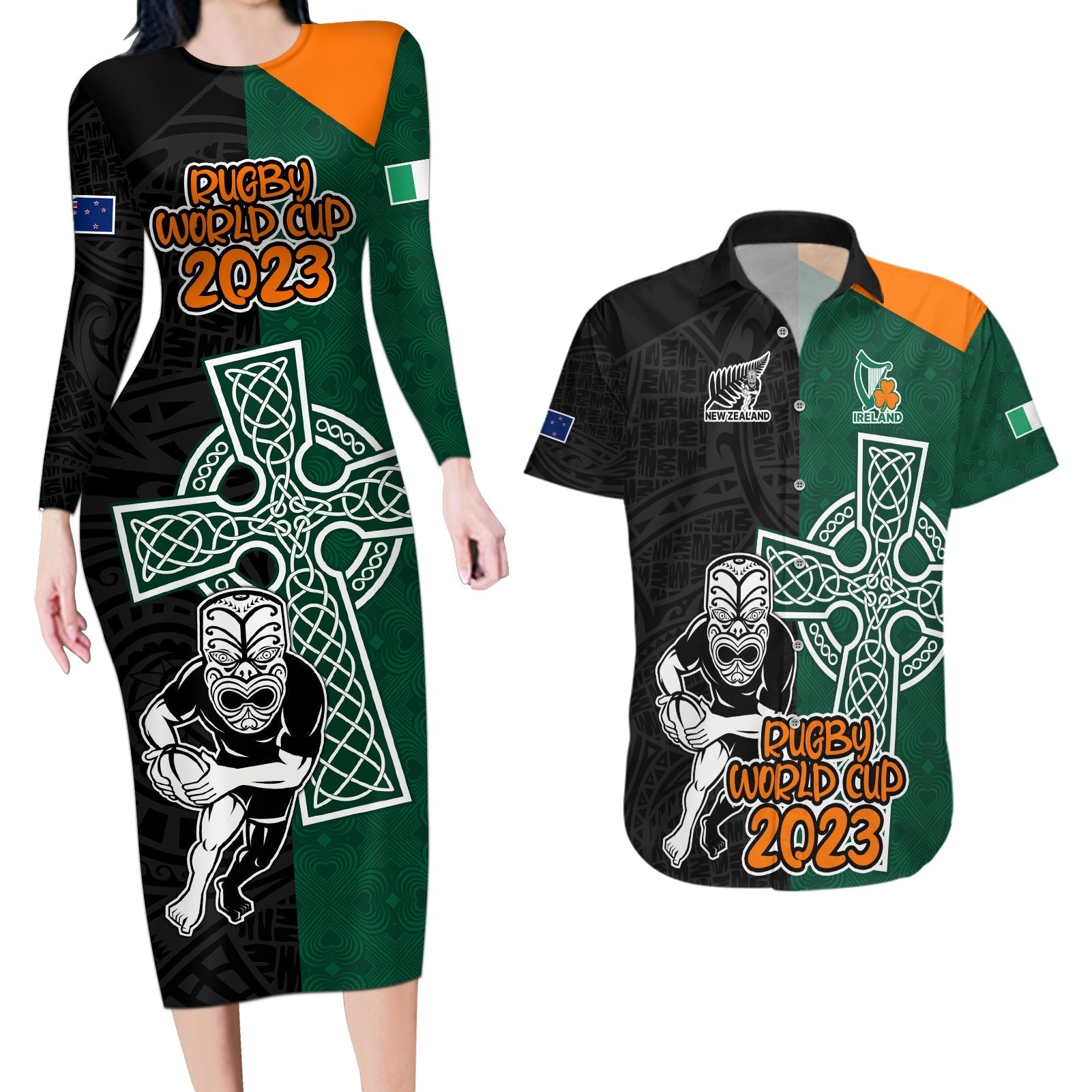 custom-france-south-africa-rugby-couples-matching-long-sleeve-bodycon-dress-and-hawaiian-shirt-springboks-and-roosters-world-cup-2023-sporty-style