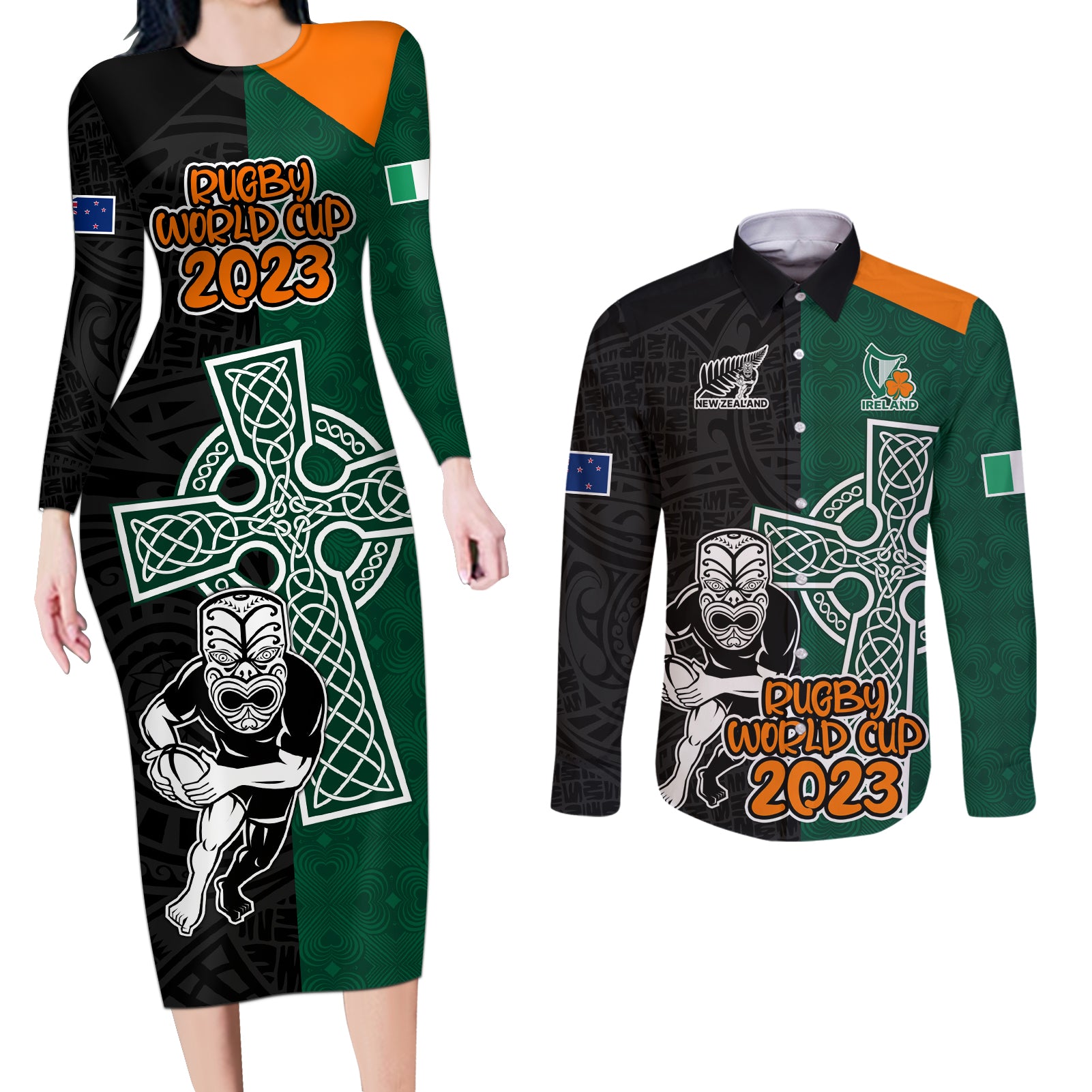 custom-france-south-africa-rugby-couples-matching-long-sleeve-bodycon-dress-and-long-sleeve-button-shirts-springboks-and-roosters-world-cup-2023-sporty-style