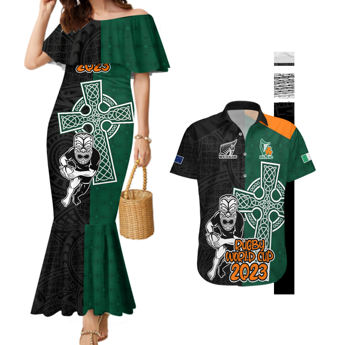 custom-france-south-africa-rugby-couples-matching-mermaid-dress-and-hawaiian-shirt-springboks-and-roosters-world-cup-2023-sporty-style