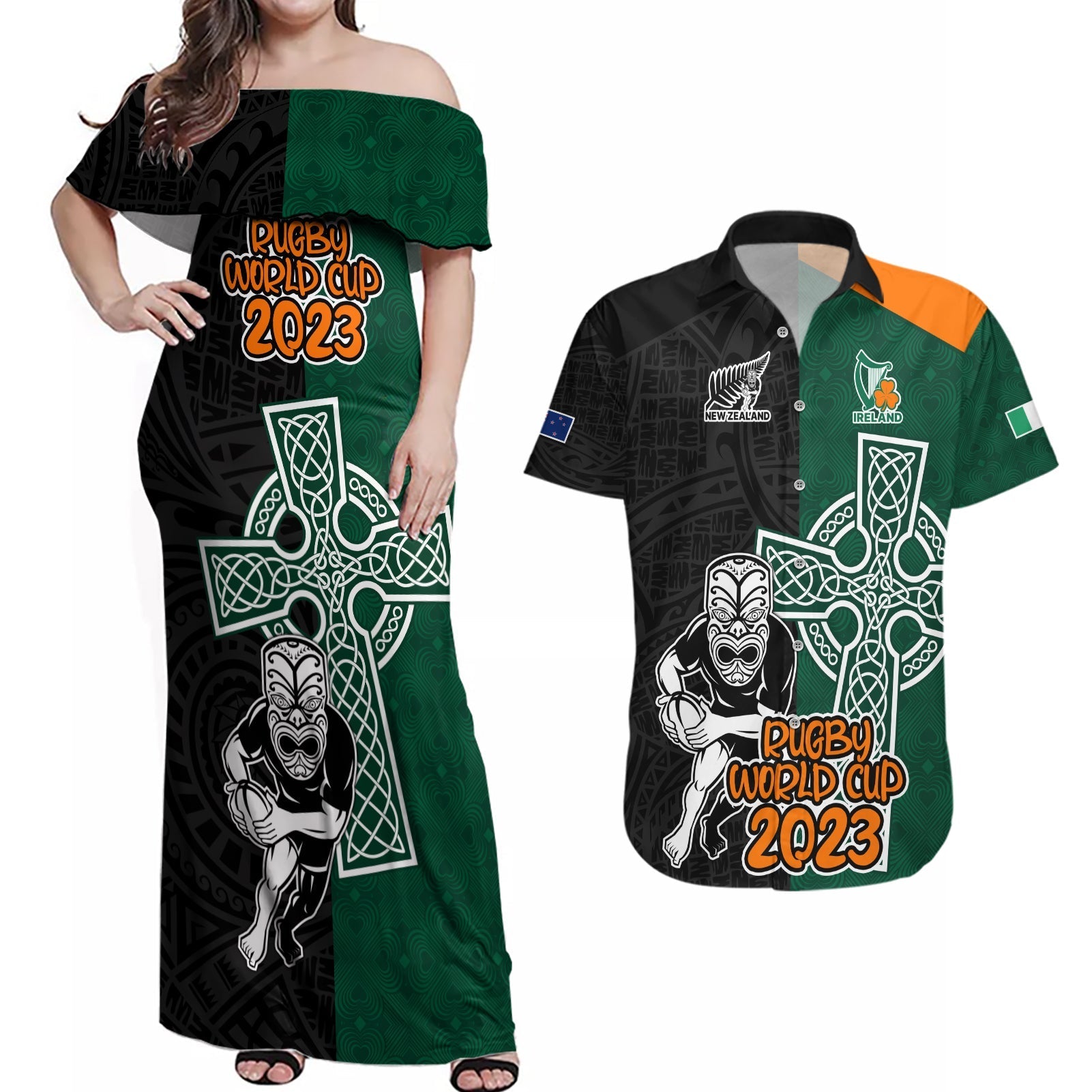 custom-france-south-africa-rugby-couples-matching-off-shoulder-maxi-dress-and-hawaiian-shirt-springboks-and-roosters-world-cup-2023-sporty-style