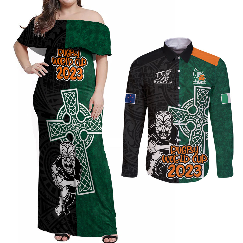 custom-france-south-africa-rugby-couples-matching-off-shoulder-maxi-dress-and-long-sleeve-button-shirts-springboks-and-roosters-world-cup-2023-sporty-style