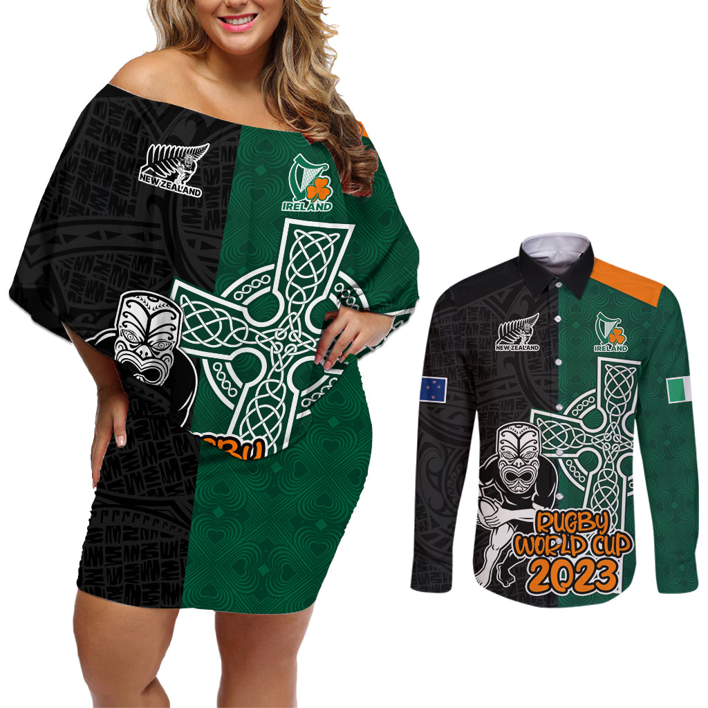 custom-france-south-africa-rugby-couples-matching-off-shoulder-short-dress-and-long-sleeve-button-shirts-springboks-and-roosters-world-cup-2023-sporty-style