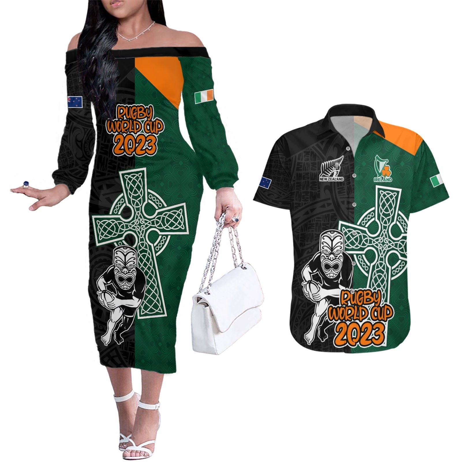 custom-france-south-africa-rugby-couples-matching-off-the-shoulder-long-sleeve-dress-and-hawaiian-shirt-springboks-and-roosters-world-cup-2023-sporty-style