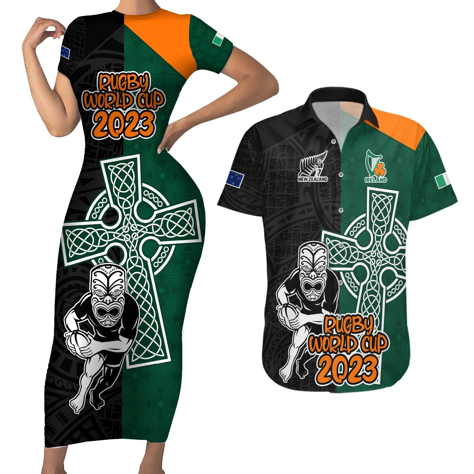 custom-france-south-africa-rugby-couples-matching-short-sleeve-bodycon-dress-and-hawaiian-shirt-springboks-and-roosters-world-cup-2023-sporty-style