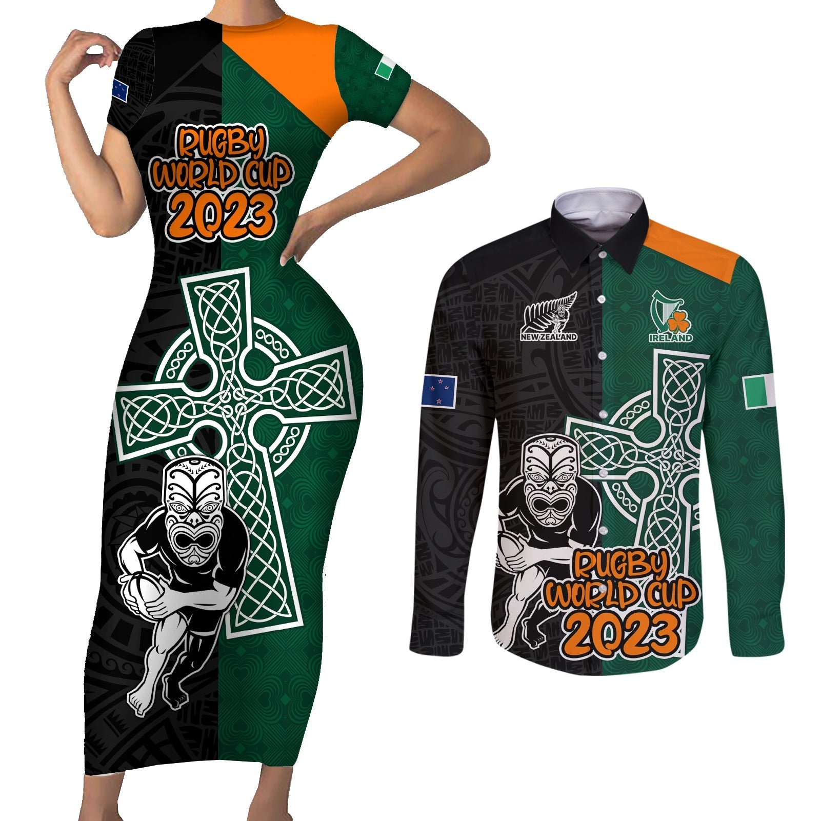 custom-france-south-africa-rugby-couples-matching-short-sleeve-bodycon-dress-and-long-sleeve-button-shirts-springboks-and-roosters-world-cup-2023-sporty-style