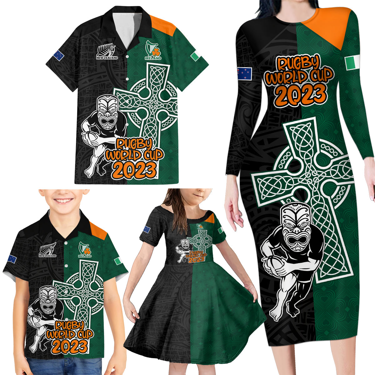 custom-france-south-africa-rugby-family-matching-long-sleeve-bodycon-dress-and-hawaiian-shirt-springboks-and-roosters-world-cup-2023-sporty-style