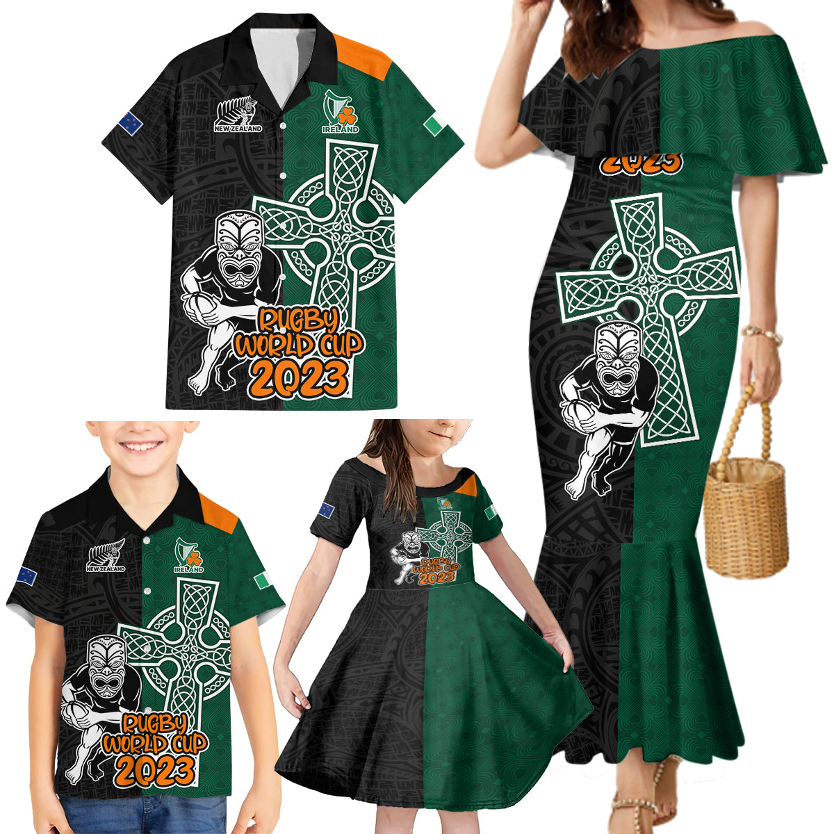 custom-france-south-africa-rugby-family-matching-mermaid-dress-and-hawaiian-shirt-springboks-and-roosters-world-cup-2023-sporty-style