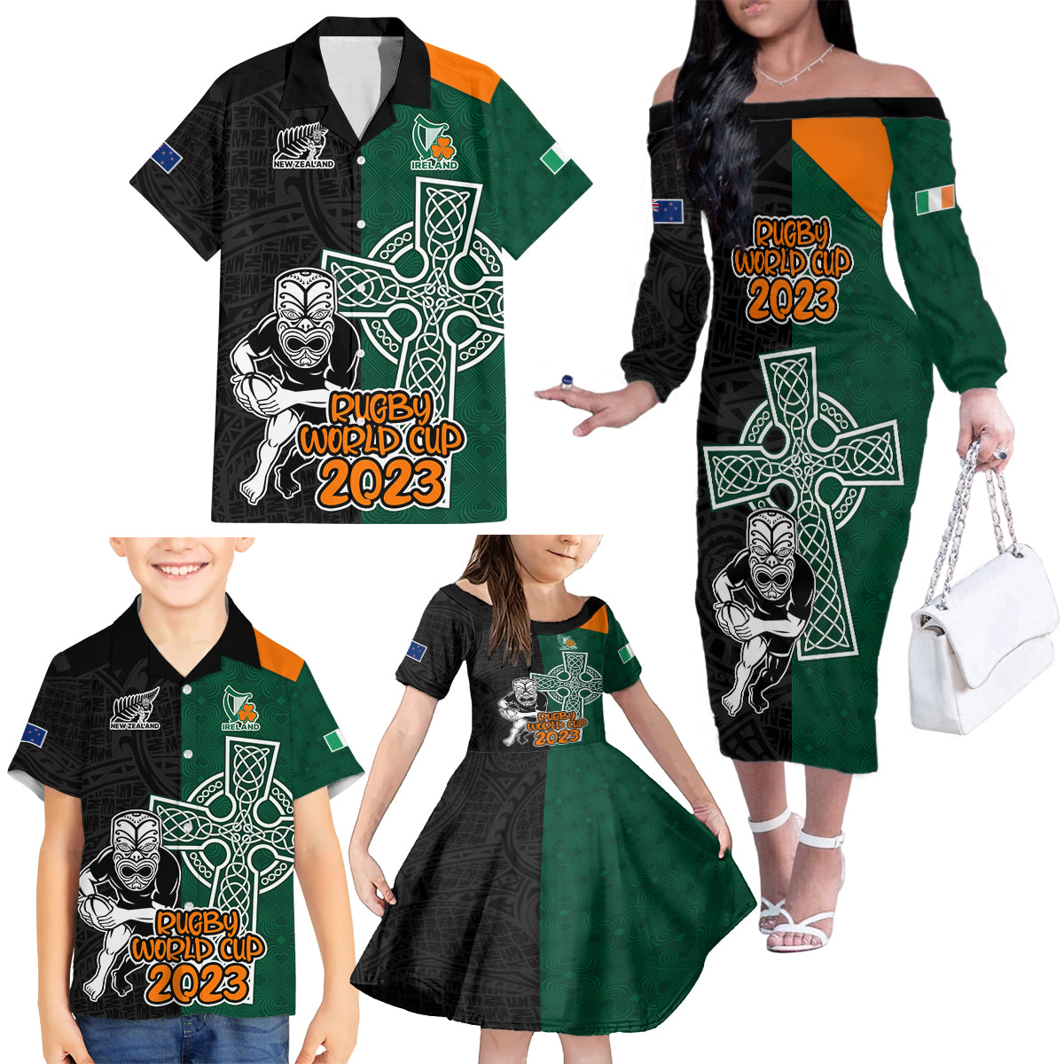 custom-france-south-africa-rugby-family-matching-off-shoulder-long-sleeve-dress-and-hawaiian-shirt-springboks-and-roosters-world-cup-2023-sporty-style