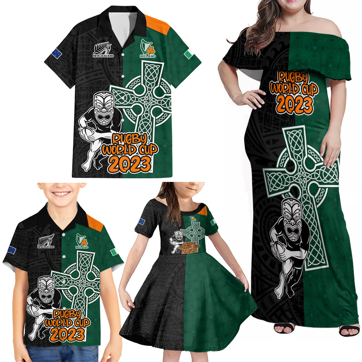 custom-france-south-africa-rugby-family-matching-off-shoulder-maxi-dress-and-hawaiian-shirt-springboks-and-roosters-world-cup-2023-sporty-style