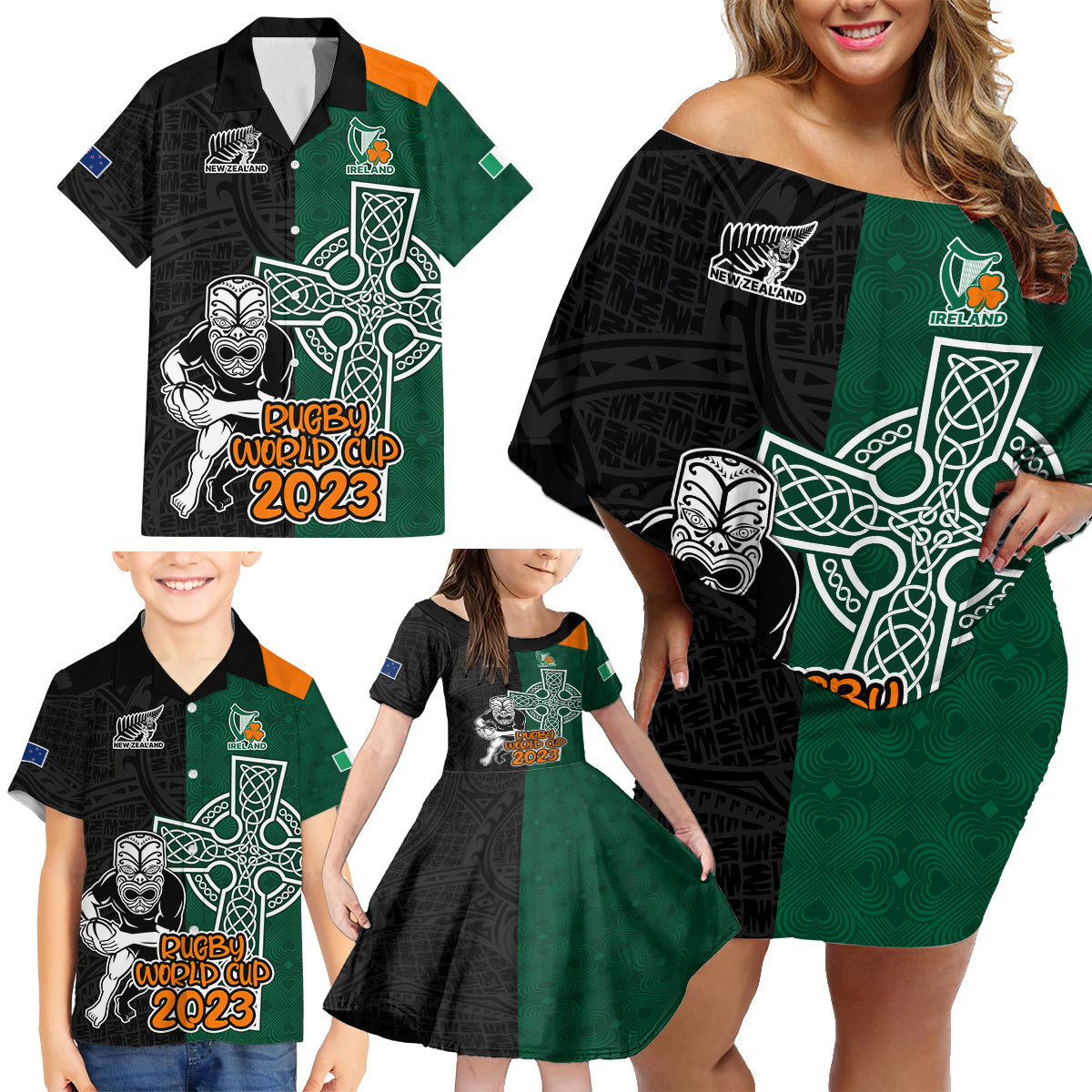 custom-france-south-africa-rugby-family-matching-off-shoulder-short-dress-and-hawaiian-shirt-springboks-and-roosters-world-cup-2023-sporty-style